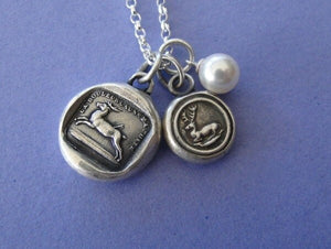 Pain causes me to flee, sterling silver necklace, amulet, pendant,  antique wax seal pendant, sterling silver, handmade , stag, or deer.