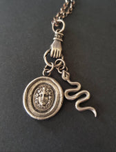 Load image into Gallery viewer, Medusa, snake and hand necklace. Female warrior....Sterling silver with long belcher chain. Handmade medusa necklace