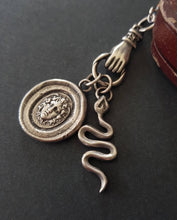 Load image into Gallery viewer, Medusa, snake and hand necklace. Female warrior....Sterling silver with long belcher chain. Handmade medusa necklace