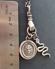 Load image into Gallery viewer, Medusa, snake and hand necklace. Female warrior....Sterling silver with long belcher chain. Handmade medusa necklace