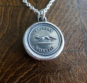 Let Knowledge Flourish….. Floreat Scientia.  Impression of antique wax seal in sterling silver. Sterling necklace, education, encouragement