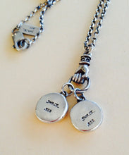 Load image into Gallery viewer, Antique wax letter seal necklace, with heart charms, on a long sterling rolo chain, with a hand holder.