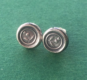 Sterling silver, Thistle, wax seal stud earrings. Scottish emblem, antique seal impression.