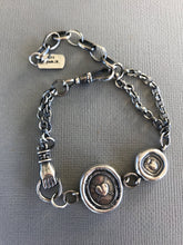 Load image into Gallery viewer, Victorian chunky silver bracelet, handmade bracelet, customised gift for her. Wonderful unique bracelet with antique wax letter seals.