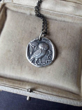 Load image into Gallery viewer, Owl of Minerva, Owl of Athene, goddess warrior. Sterling silver amulet.