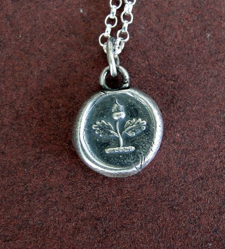 Independence, Acorn pendant. Antique wax letter seal impression, sterling silver acorn