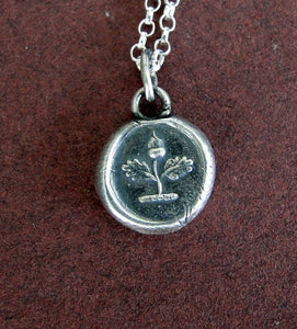 Independence, Acorn pendant. Antique wax letter seal impression, sterling silver acorn