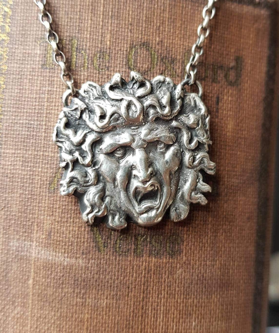 Sterling medusa, or gorgon necklace, Greek Snake haired