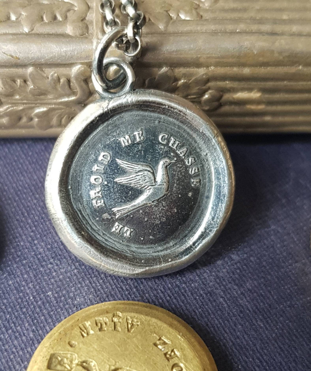 Swallow pendant - antique wax letter seal, handmade wax seal jewelry. The cold chases me away.  French motto, lovely meaningful pendant.