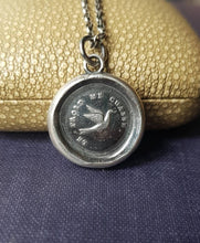 Load image into Gallery viewer, Swallow pendant - antique wax letter seal, handmade wax seal jewelry. The cold chases me away.  French motto, lovely meaningful pendant.