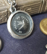 Load image into Gallery viewer, Swallow pendant - antique wax letter seal, handmade wax seal jewelry. The cold chases me away.  French motto, lovely meaningful pendant.