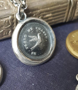 Swallow pendant - antique wax letter seal, handmade wax seal jewelry. The cold chases me away.  French motto, lovely meaningful pendant.