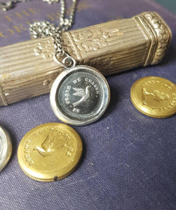 Swallow pendant - antique wax letter seal, handmade wax seal jewelry. The cold chases me away.  French motto, lovely meaningful pendant.