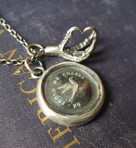 Swallow pendant - antique wax letter seal, handmade wax seal jewelry. The cold chases me away.  French motto, lovely meaningful pendant.