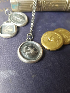 Swallow pendant - antique wax letter seal, handmade wax seal jewelry. The cold chases me away.  French motto, lovely meaningful pendant.