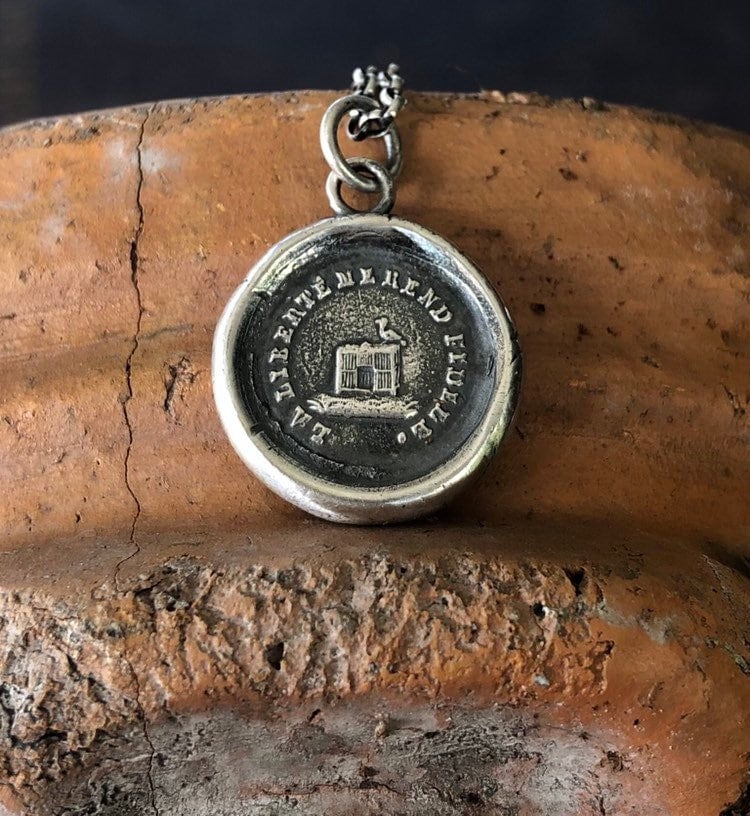 La liberté me rend fidelé..... Freedom keeps me faithful.  Antique wax letter seal impression.  Sterling silver handmade pendant