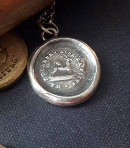 Pain causes me to flee, you wound me. Sterling silver oxidized pendant. Antique wax letter seal. Swalk