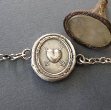 Load image into Gallery viewer, Heart bracelet,  antique wax latter seal &#39;lovestruck&#39;., sterling silver chain bracelet.