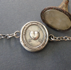 Heart bracelet,  antique wax latter seal &#39;lovestruck&#39;., sterling silver chain bracelet.