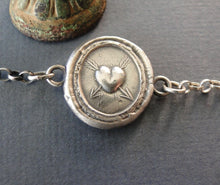 Load image into Gallery viewer, Heart bracelet,  antique wax latter seal &#39;lovestruck&#39;., sterling silver chain bracelet.