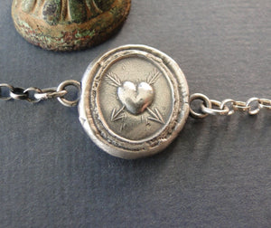 Heart bracelet,  antique wax latter seal &#39;lovestruck&#39;., sterling silver chain bracelet.