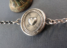 Load image into Gallery viewer, Heart bracelet,  antique wax latter seal &#39;lovestruck&#39;., sterling silver chain bracelet.
