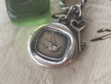 Load image into Gallery viewer, You have the key, to my heart, Sterling silver antique wax letter seal. Bird and key pendant.