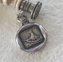 Load image into Gallery viewer, Such is life.... Telle est la vie.  Sterling silver necklace, antique wax seal impression, handmade, pendant, ship, boat, ocean, sailing.