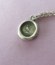 Load image into Gallery viewer, Dove of Peace pendant.  Dove with olive branch necklace. Sterling silver antique wax letter seal. Christian symbol.