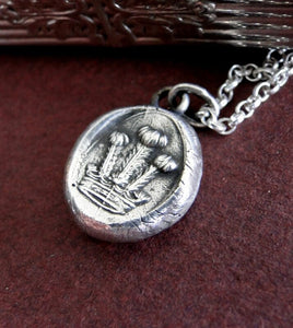 Crown, antique wax seal impression, sterling silver, choice of neck pieces.