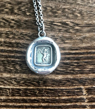 Load image into Gallery viewer, Silver cupid pendant, if I lose it I am lost.  antique wax letter seal. Romantic wax seal impression. Handmade cupid pendant.