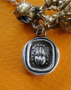 Love Makes us one, sterling silver, antique wax seal impression in sterling silver