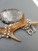 Load image into Gallery viewer, Heavy silver rolo chain. Solid silver statement chain. Luxe Victorian book chain collar.