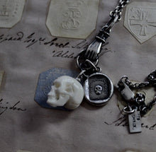 Load image into Gallery viewer, Skull necklace, sterling silver memento Mori necklace, antique wax seal jewelry, with bone skull charm.  Spooky and gothic necklace.