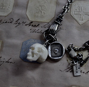 Skull necklace, sterling silver memento Mori necklace, antique wax seal jewelry, with bone skull charm.  Spooky and gothic necklace.