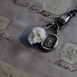 Skull necklace, sterling silver memento Mori necklace, antique wax seal jewelry, with bone skull charm.  Spooky and gothic necklace.