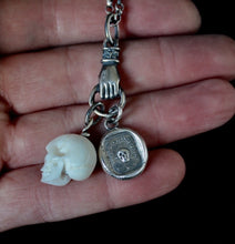 Load image into Gallery viewer, Skull necklace, sterling silver memento Mori necklace, antique wax seal jewelry, with bone skull charm.  Spooky and gothic necklace.