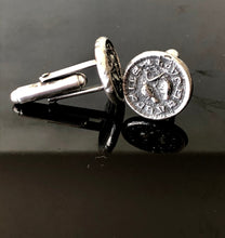 Load image into Gallery viewer, Silver love token cufflinks.  Medieval antique wax letter seal. wedding gift for groomsman or romantic gift
