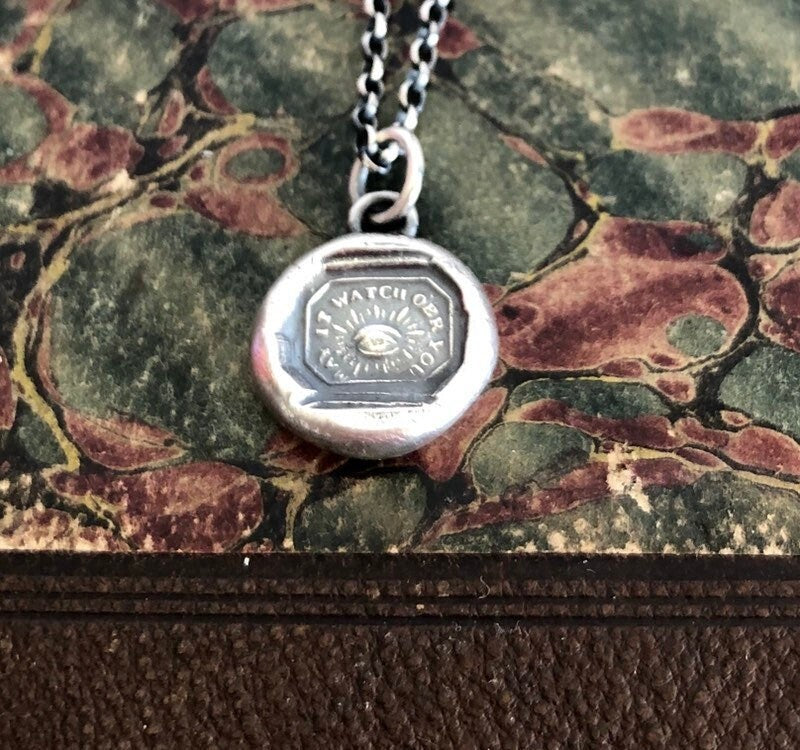 May it watch o'er you.  Eye of Providence.  Antique wax letter seal pendant. Sterling handmade necklace.