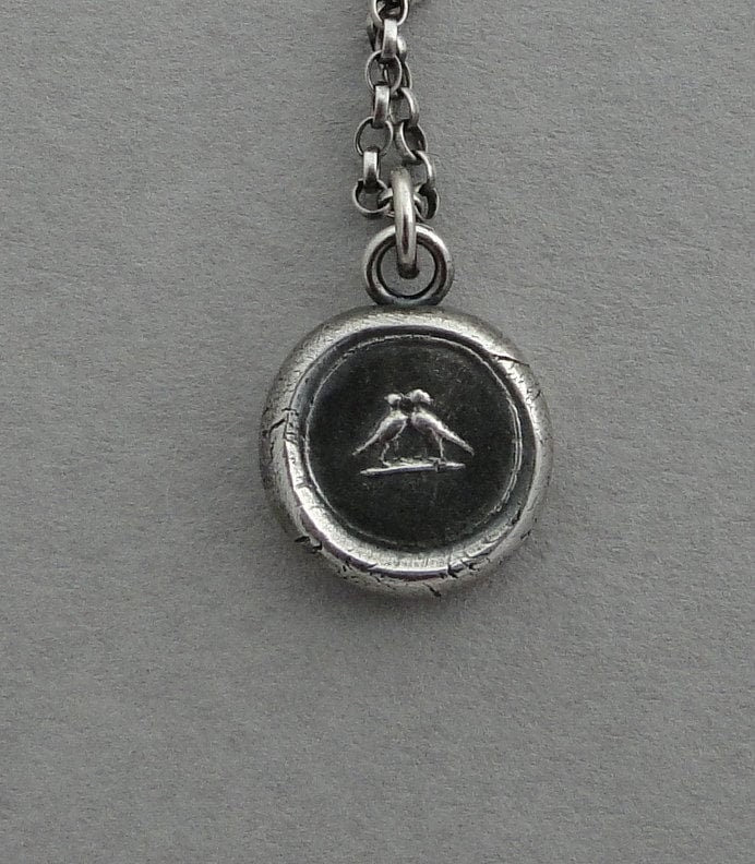Love birds pendant, Antique wax seal jewelry,  Sterling silver, love, romance, pendant. Wedding jewelry, bridesmaid jewelry.