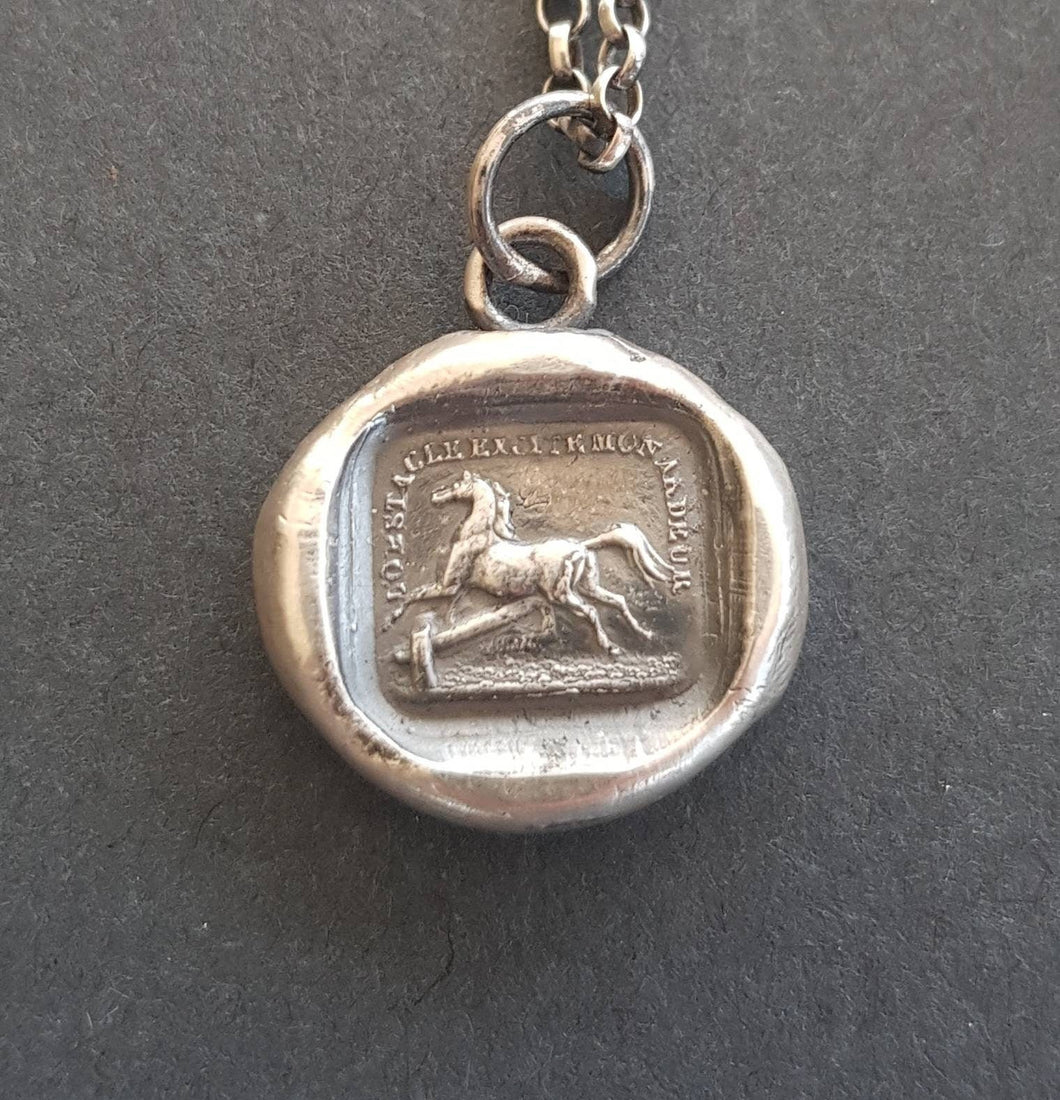 horse pendant, Obstacles excite me  - antique wax letter.  Antique wax seal jewelry.  Bolting horse, I rise to each occasion,
