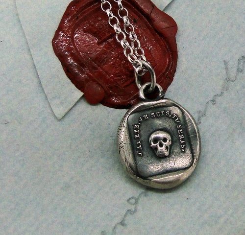 skull necklace- sterling skull wax seal pendant - 'as you are so once was I'. memento mori.  antique wax letter seal.