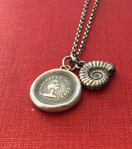 Ammonite fossil, sterling silver cast.  antique wax letter seal &#39;add on&#39;.