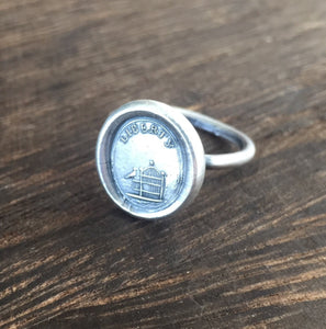 Liberty Ring.  Antique wax letter seal ring, sterling silver ring, bird ring birdcage ring. Freedom ring, liberty ring