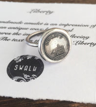 Load image into Gallery viewer, Liberty Ring.  Antique wax letter seal ring, sterling silver ring, bird ring birdcage ring. Freedom ring, liberty ring