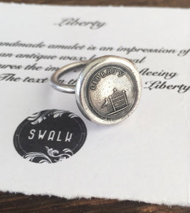 Liberty Ring.  Antique wax letter seal ring, sterling silver ring, bird ring birdcage ring. Freedom ring, liberty ring