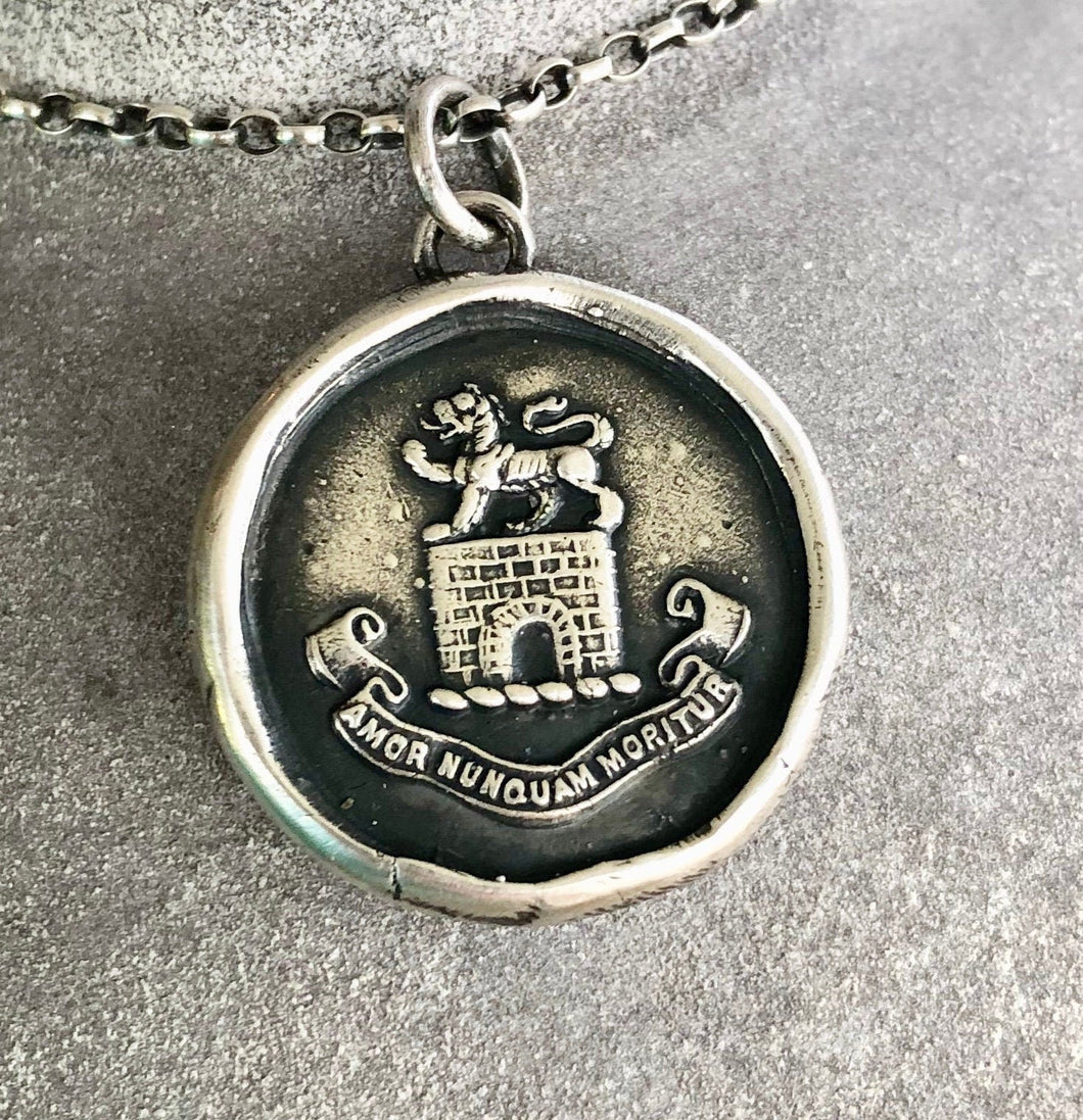 Love never dies.... 'Amor nunquam moritur', antique wax letter seal impression.  Sterling silver handmade heraldry pendant.