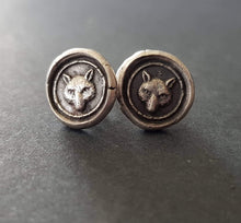 Load image into Gallery viewer, Fox earrings. Antique wax letter seal, sterling silver stud earrings. Wisdom and wit.