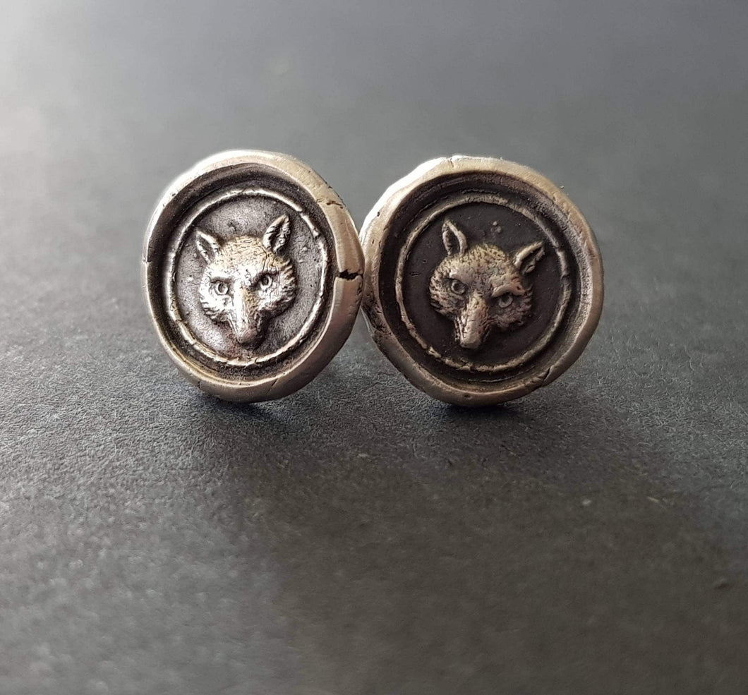 Fox earrings. Antique wax letter seal, sterling silver stud earrings. Wisdom and wit.