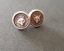 Load image into Gallery viewer, Fox earrings. Antique wax letter seal, sterling silver stud earrings. Wisdom and wit.
